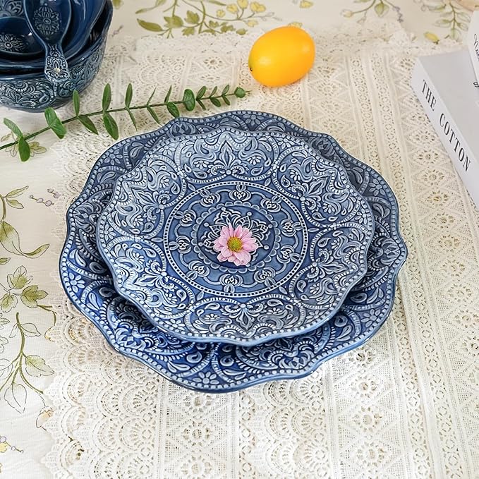 Sungmor Embossed Stoneware Fine Dining Dinnerware, Antique Baroque Style Porcelain Dinner Plates Set of 2 (8.5" Salad Plate & 11" Dinner Plate), Sophisticated Ceramic Serving Platters for Table Decor
