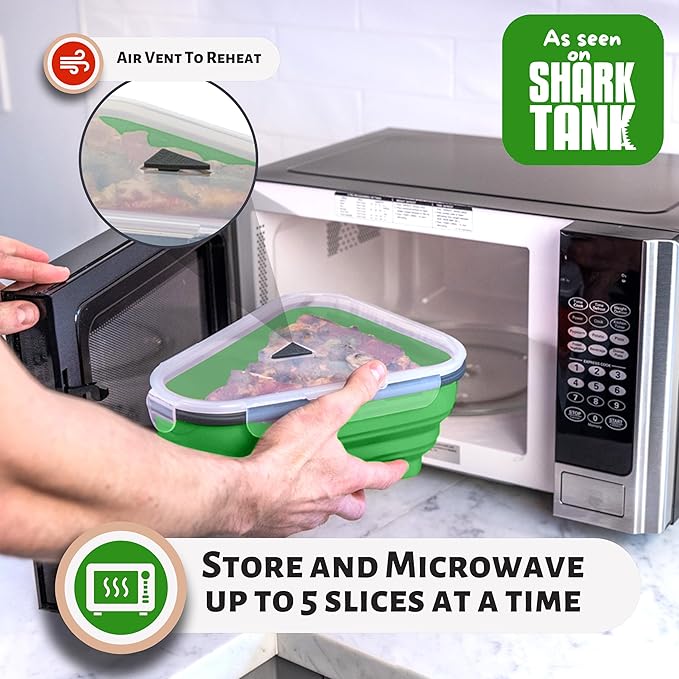 PIZZA PACK The Perfect Reusable Pizza Storage Container with 5 Microwavable Serving Trays - BPA-Free Adjustable Pizza Slice Container to Organize & Save Space, 2 Pack, Green