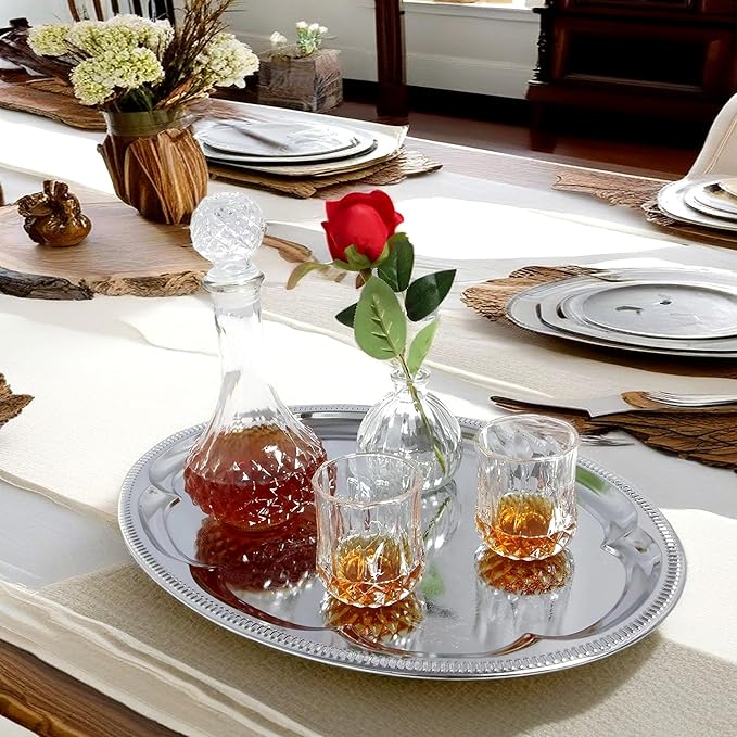(Pack of 4) 18.1 inch x 13.3 inch Traditional Oval Floral Pattern Engraved Catering Chrome Plated Serving Plate Mirror Tray Platter Metal Tableware Holiday Party Large T225-4PK