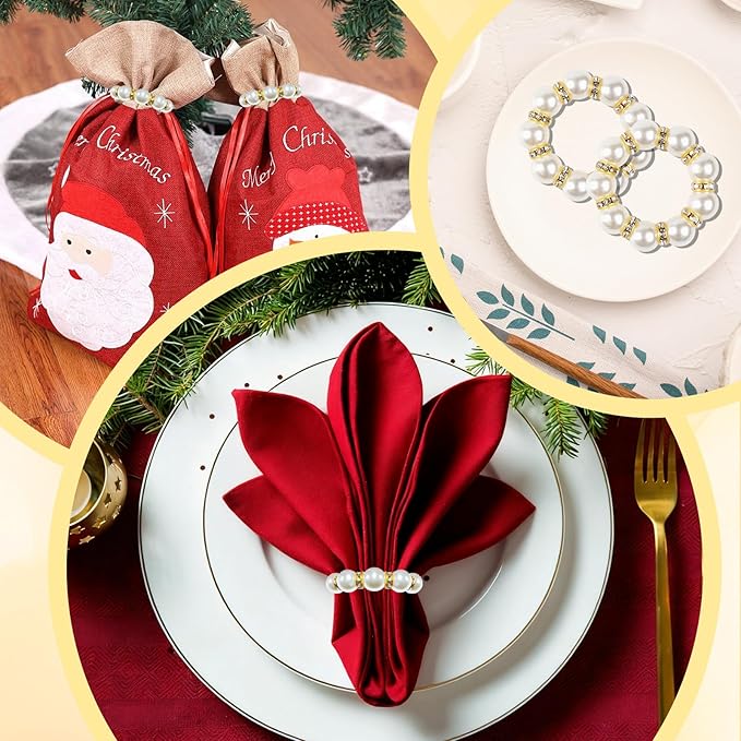 20PCS Gold Napkin Rings Imitation Pearl Napkin Rings Napkin Holder Elegant Round Napkin Buckles Beaded for Wedding Party Dinner Holiday Christmas Thanksgiving Day Home Table Decoration(White and Gold)