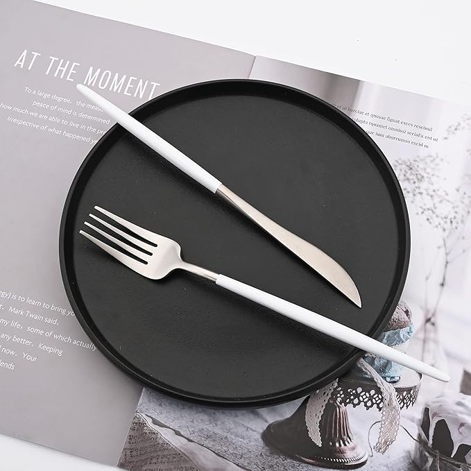 Flatware Set 18/10 Stainless Steel Matte White Handle Silver - Kitchen Utensil Serving Set of Dinner Fork Knife Spoons Salad Fork Dessert Spoon,5 Pcs Set of 1, for Home Kitchen Hotel (White + Silver)