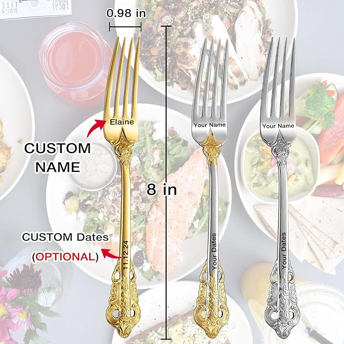 [2 Pack] Personalized Vintage Wedding Forks, Custom Luxury Dinner Forks Engraved with Name/Date, Customized Antique Baroque Flatware for Dessert Cake Salad Gift for Party Favors Engagements