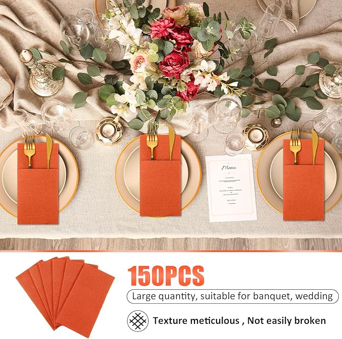 Cindeer 150 Pcs Orange Linen Dinner Feel Napkins with Built in Flatware Pocket Prefolded Paper Disposable Airlaid Guest Hand Towel for Silverware Wedding Reception Christmas Baby Shower