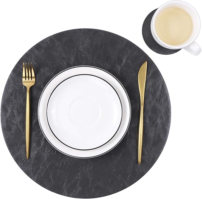 Jovono Set of 4 Round Placemats and Coasters, Faux Leather Table Mats and Desk Coasters, Plate mat Easy to Clean for Round Dining Rable, Diameter 13'' and 3.9'' Gray