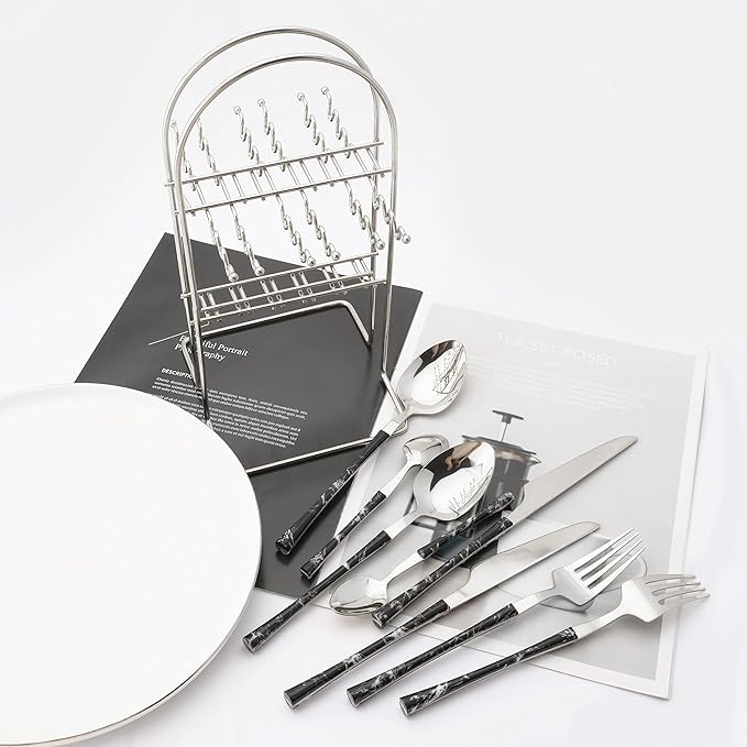 Stainless Steel Silverware Set with Holder - 25 PCS Silver Flatware Cutlery Set - Black Marble Texture Handle Design - Hanging Metal Eating Utensils Set Service for 6 - Party Tableware Set