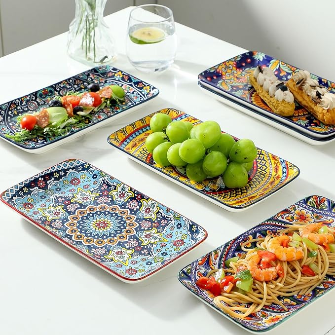 glowworm 10.5 Inch Rectangular Dinner Plates, Ceramic Salad Plates Set of 6, Porcelain Serving Platters for Dessert, Appetizer, Microwave & Oven Safe, Bohemian