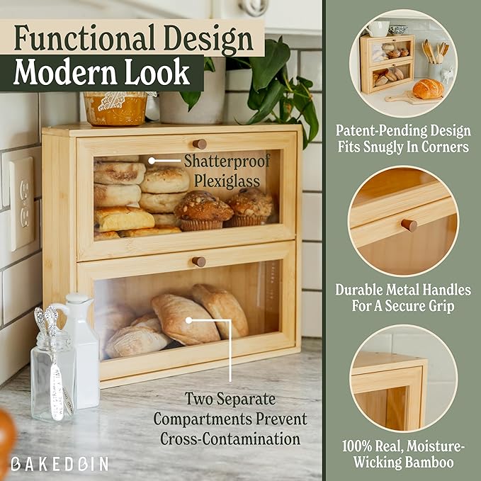 Corner Bread Box for Kitchen Countertop - New 2026 Design, Vintage Bamboo Wooden BreadBox, Large, Double Layer Storage for Homemade Bread, Sourdough, Panera, Under Cabinet Organizer