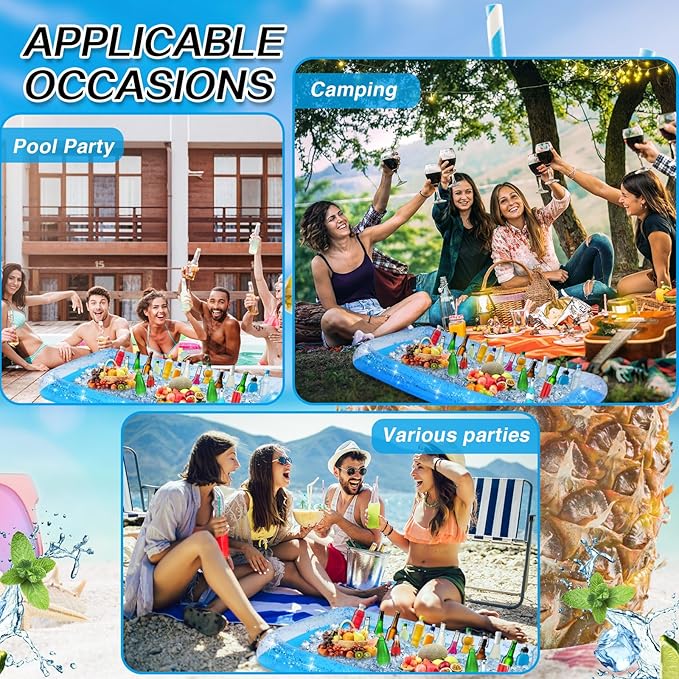 Leitee Inflatable Serving Bar with Drain Plug 52 x 24 x 5'' Inflatable Ice Serving Buffet Bar for Party Food Cooler Buffet Drink(Blue,Sequin Style)