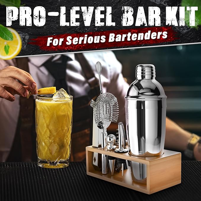 Mixology Bartender Kit with Stand – Stainless Steel Mixed Drink Shaker Set with 10 Accessories, Easy to Clean Bar Tool Set | Wooden Organizer for Home Bar Setup, Great Gift for Cocktail Enthusiasts