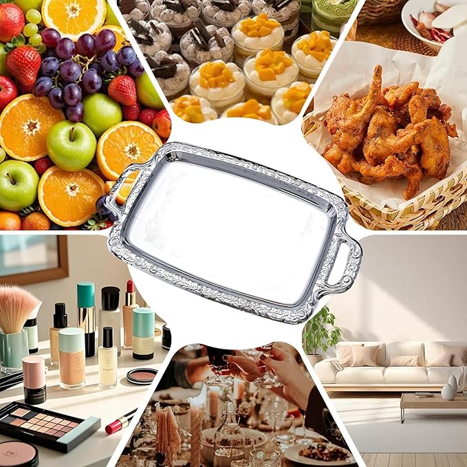 Silver Serving Tray with Handles, Sturdy Design, 39x23x1.7cm, Vintage Floral Metal Silver Platter, Metal Food Tray, Easy to Clean, for Candy Bread Cake Charcuterie Home Kitchen
