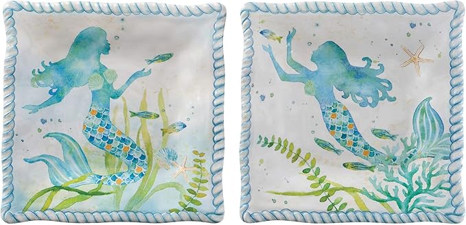 UP UPware Mermaid Melamine Square Dessert Plates, Small Serving Plates, for Appetizer, Snacks, and Side Dishes, Blue, 6 Inch, Set of 4
