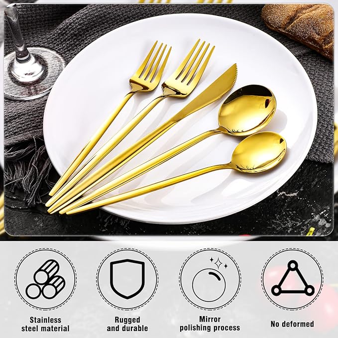 Amyhill 400 Pcs Gold Stainless Steel Utensils Set Party Tableware Flatware Set for 80 Guests Reusable Dinner Cutlery Utensils Tableware for Wedding Anniversary Party Home Restaurant
