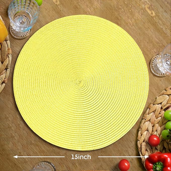 FunWheat Round Braided Placemats Set of 8 Table Mats for Dining Tables Woven Washable Non-Slip Place mats 15 inch(Lemon Yellow, 8pcs)