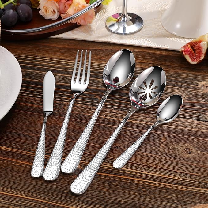 KEAWELL Premium Louise Hammered Serving Spoon Set, 18/10 Stainless Steel, 9" Fine Hostess Utensils With Round Edge, Dishwasher Safe