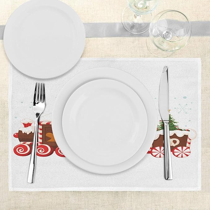 Ambesonne Christmas Place Mats Set of 4, Train Gingerbread Cream Candy Cartoon Toys Snowflakes Presents, Washable Fabric Placemats for Dining Table, Standard Size, White Brown