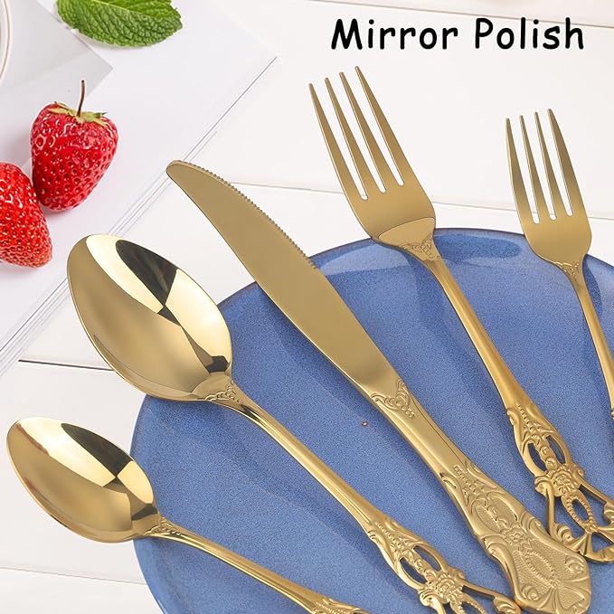 Retro Royal Gold Silverware Set With Gift Box For 8 Cutlery Set Utensils Stainless Steel Flatware 40 Pieces MIKIWAY Kitchen Tableware Set For Gifts Festive, Dishwasher Safe, Mirror Polishing