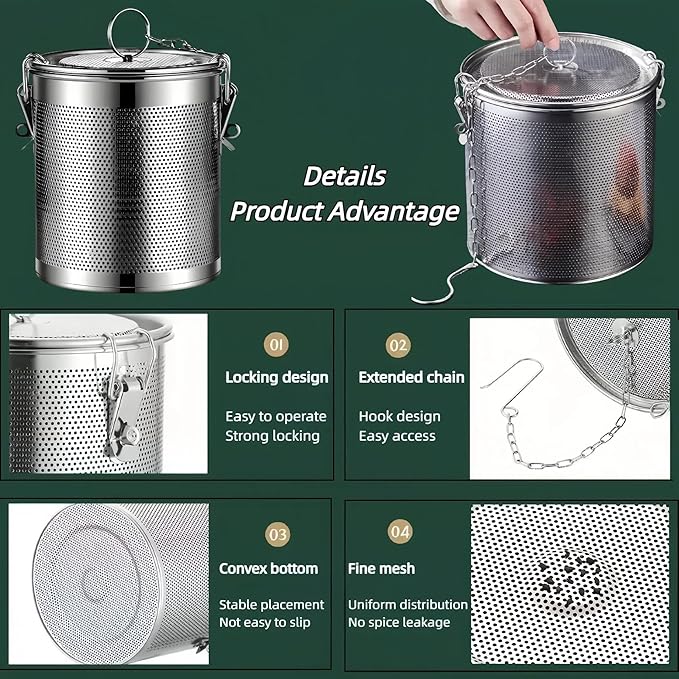 Stainless Steel Tea Ball Strainer Tea Infuser Soup Seasonings Seperation Basket Spice Filter Seasoning Strainer Mesh Filter Extra Fine with Chain Hook-0.86L (10CM*11CM)