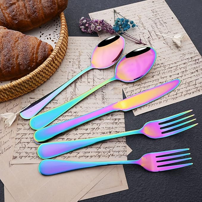 JASHII 25-Piece Fork Spoon Knife Silverware Set with Serving Utensils for 4, Food Grade Stainless Steel Flatware Cutlery Set for Home and Restaurant, Dishwasher Safe - Shiny Rainbow