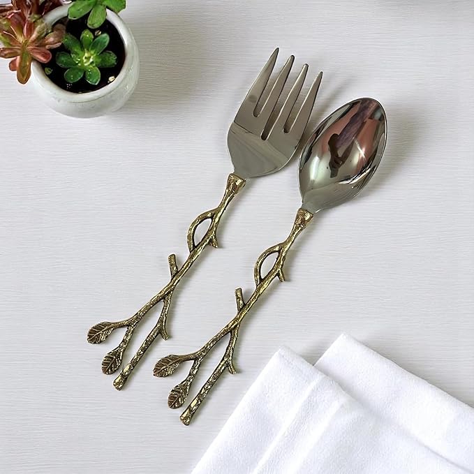 Gold Salad Serving Spoon and Fork Set – Stainless Steel with Decorative Leaf Handle – Elegant 2-Piece Flatware Set for Salad, Pasta, Fruits (11.7 inch)