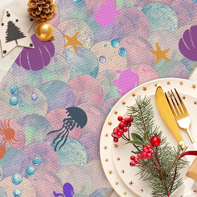 Mermaid Tail Table Runner Seasonal Holiday Kitchen Dining Linen Table Decoration for Indoor Outdoor Home Party Decor 13 x 72 Inch