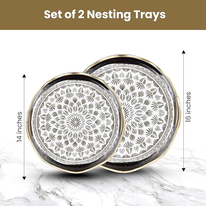 Round Serving Tray with with Handles Antique Look & Stylish Design Decorative Trays for Kitchen Round Ottoman Tray for Dinning Living Room & Home Decor Pack of 2 (Black-Gold)