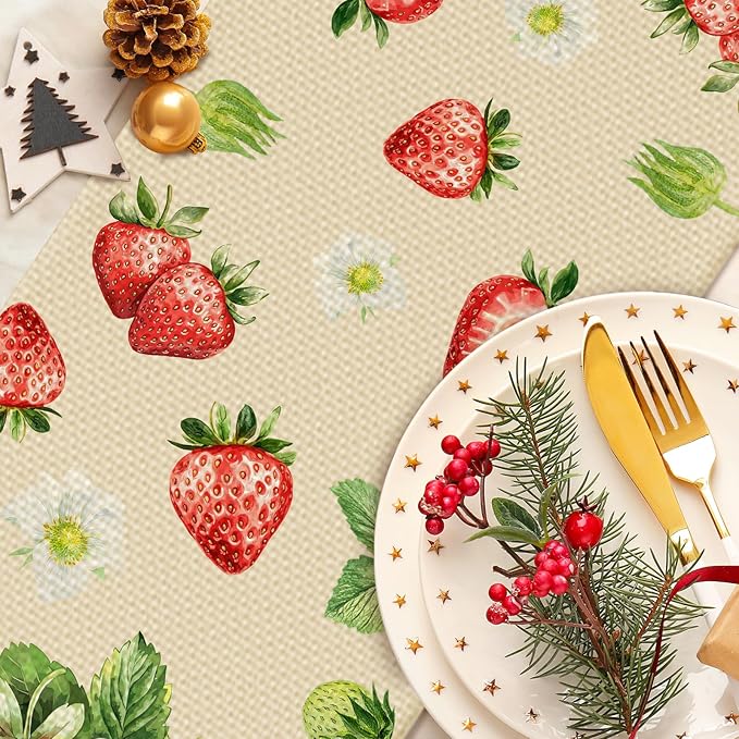 Strawberry Table Runner Seasonal Spring Kitchen Dining Linen Table Decoration for Indoor Outdoor Home Party Decor 13 x 72 Inch