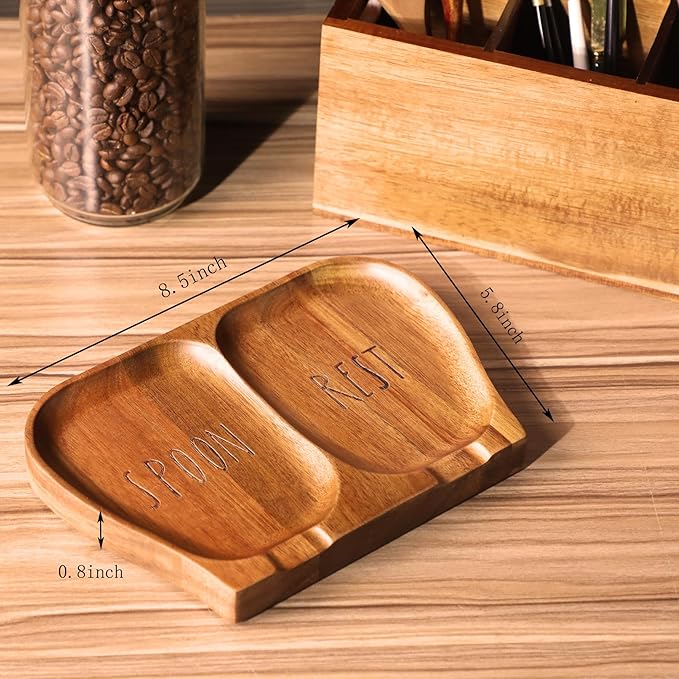 Large Acacia Wood Spoon Rest, Double Wooden Spoon Holder With Non Slip Silicone Feet, Handmade Kitchen Rest for Kitchen Countertop (Brown(Labeled "SPOON REST"))