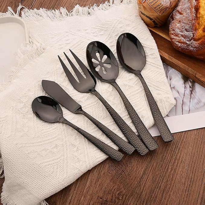 Serving Utensils Set, 5-Piece 18/8 Stainless Steel Hostess Serving Set, Elegant Hammered Serving Utensils for Home Restaurant and Buffet Catering, Heavy and Mirror Polished, Black