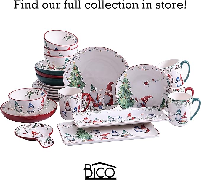 Bico Christmas Gnomes Dinner Plates Set of 4, 11 Inch Large Ceramic Plates for Pasta, Steak, Stylish Serving Dishes, Microwave and Dishwasher Safe, Gift for Housewarming and Christmas