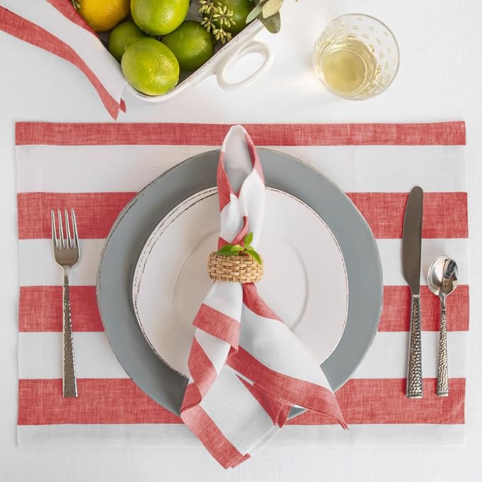 Solino Home Linen Napkins Set of 4-100% Pure Linen Cabana Stripe Red and White Cloth Dinner Napkins 20 x 20 Inch for Christmas, Holiday, Winter, New Year - Handcrafted and Machine Washable