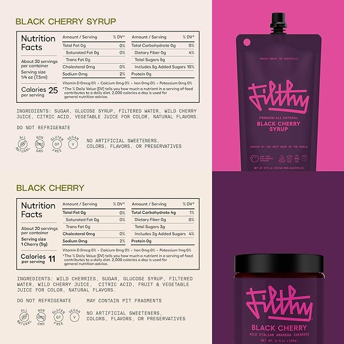 Filthy Black Cherry Whiskey Cocktail Kit, Premium Cocktail Kit for Old Fashioneds and Manhattan Cocktails at Home, Includes Black Cherry Syrup, Black Cherries & 4 Stainless Steel Cocktail Picks