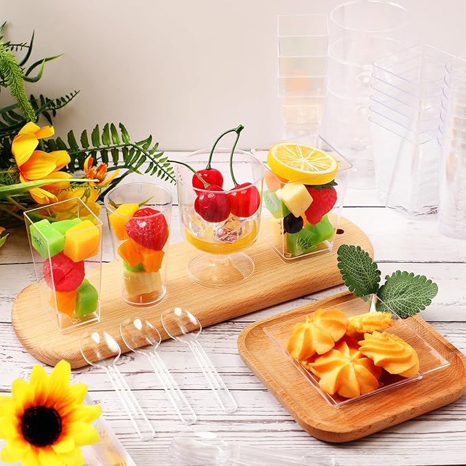 Tanlade 250 Pcs Mini Dessert Cups with Spoons Clear Plastic Plates 5 oz and 3 oz Square Parfait Appetizer Cups for Parties Round Shooter Disposable Dessert Containers for Serving Pudding Mousse