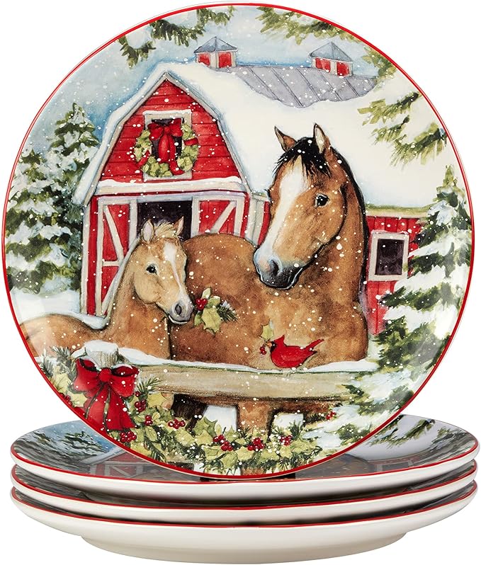 Homestead Christmas 16-Piece Dinnerware Set – Holiday Tableware for 4 with Festive Horse & Barn Scenes – Winter Ceramic Plates, Bowls & Mugs – Farmhouse Country Christmas Décor