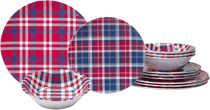 Certified International Patriotic Plaid 12 Piece Melamine Dinnerware Set, Service For 4
