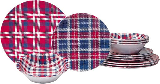 Certified International Patriotic Plaid 12 Piece Melamine Dinnerware Set, Service For 4
