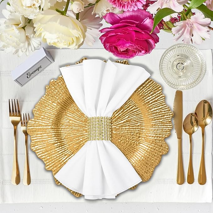 PROY 150 Pcs Charger Plates Set Bulk, 50 Pcs 13'' Gold Reef Charger Plates 50 Napkin Ring 50 Cloth Napkins Plastic Gold Chargers Set For Dinner Wedding Party Decoration