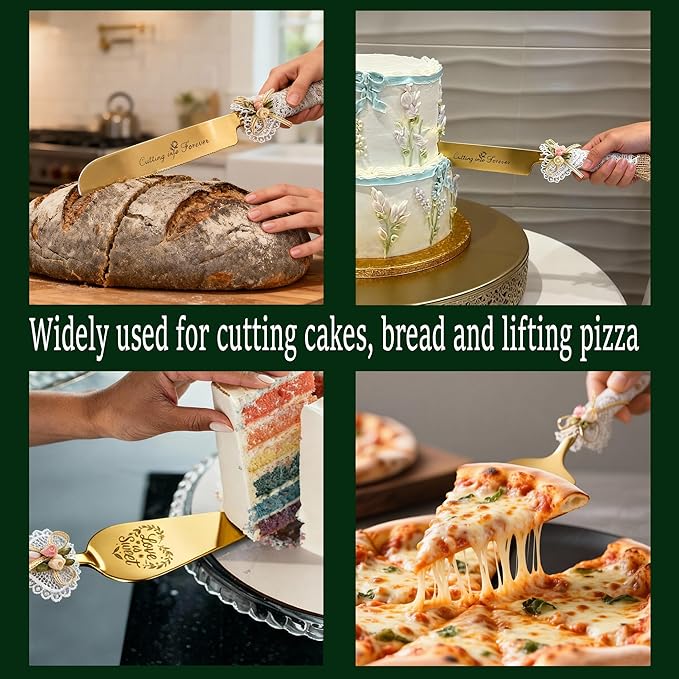 Wedding Cake Knife and Server Set – 10.83" Serrated Knife & 9.84" Server with Rustic Lace Burlap Handles, Stainless Steel Blades, for Bride & Groom, Anniversary & Engagement Gift(gold)