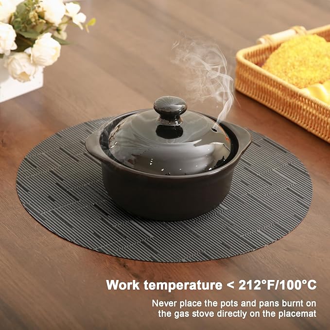 Round Placemats Set of 6 Heat Resistant Vinyl Placemats 15 inch Washable Non-Slip Table Mats Woven Place Mats for Dining Table (Black + Dark Gray, Set of 6)