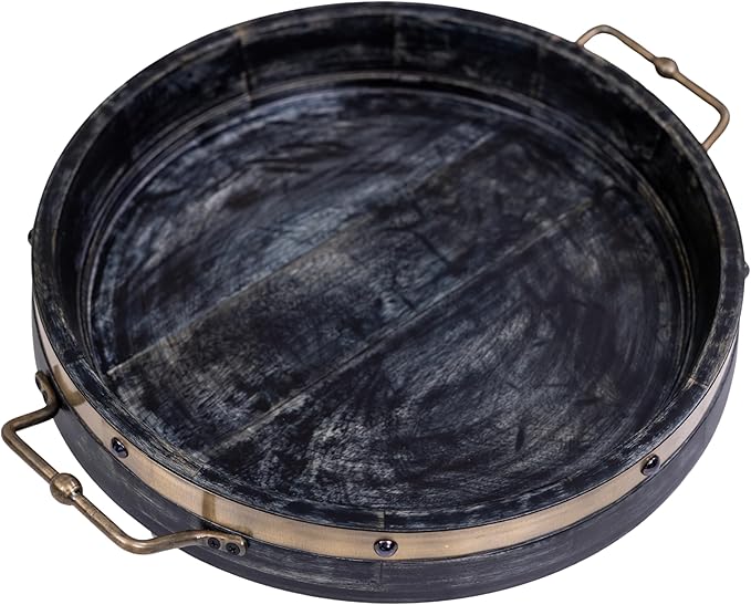 16” Round Ottoman Tray, Distressed Black Mango Wood, Rustic Farmhouse Style with Antique Brass Handles & Accent Strap, Large Coffee Table Tray for Tea, Breakfast in Bed, Living Room