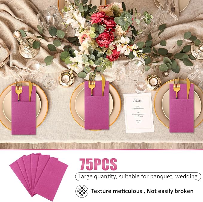 Cindeer 75 Pcs Hot Pink Linen Dinner Feel Napkins with Built in Flatware Pocket Prefolded Paper Disposable Airlaid Guest Hand Towel for Silverware Wedding Reception Christmas Baby Shower
