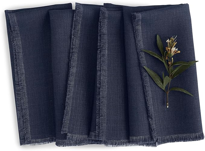 Solino Home Navy Blue Linen Napkins Set of 4-100% Pure Linen Cloth Washable Dinner Napkins 20 x 20 Inch for Christmas, Holiday, Winter, New Year - Fringe