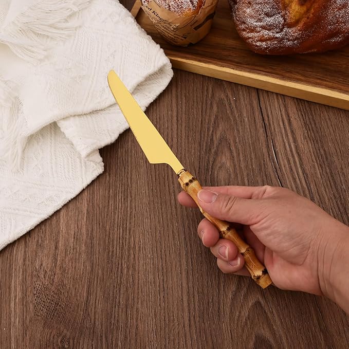 Stainless Steel Flatware Set, Bamboo Handle Silverware Set, Reusable Eating Utensils for Home Kitchen and Restaurant, Modern Gold Cutlery Set, 8 Pieces Dinner Knives