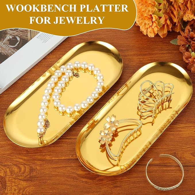 5PCS Stainless Steel Serving Tray Set Gold Platters for Serving Food Party Large Metal Trays Decorative 12" Long Plate Oval Storage Trays Thickened Serving Dishes for Entertaining Sushi Snack