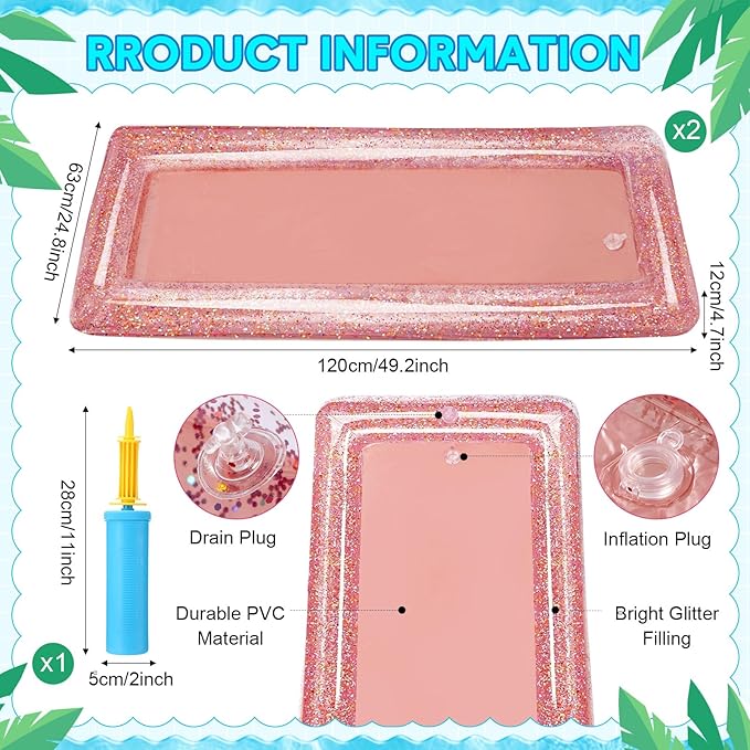 8 Pcs Glitter Inflatable Serving Bar Kit Includes 2 Salad Buffet Tray with Drain Plug 5 Mesh Food Cover 1 Inflator Inflatable Food Drink Containers for Outdoors Pool Party Camping(Rose Gold)