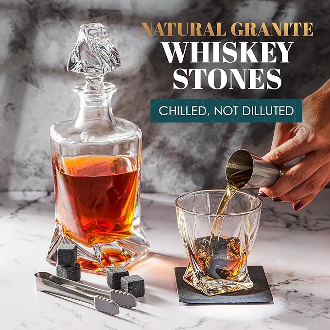 Whiskey Decanter Set by Royal Reserve – Whiskey Gift Set - Twisted Bourbon Decanter 24 oz 750 ml with Glasses, Whiskey Stones, Coasters, Tongs – Whiskey Gifts for Men, Husband, Dad Christmas