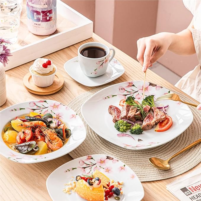 30/60-piece White Ceramic Pink Floral Porcelain Plate Set, Including 5 Dinner Plates, Soup Plates, Dessert Plates, Cups and Saucers, Serving up to 12 People, totaling 30 Pieces.,30-Piece-