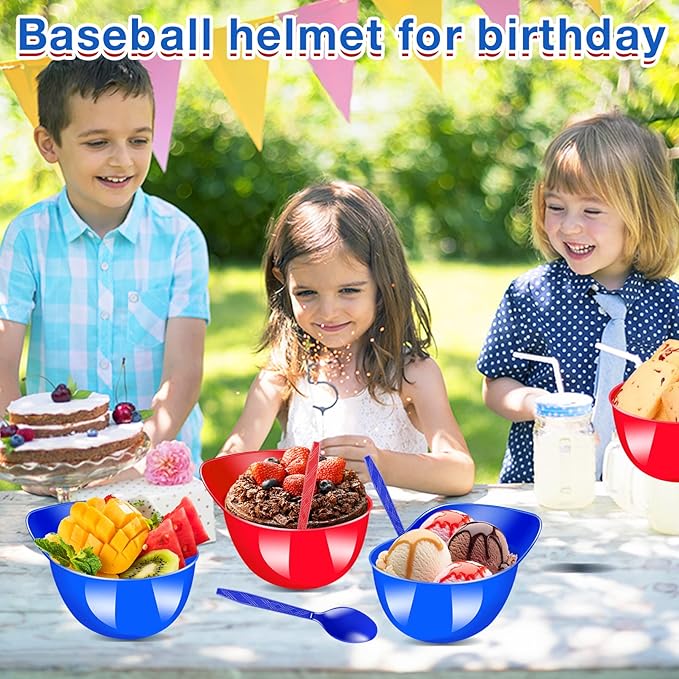 24 Pack Baseball Helmet Ice Cream Bowls with Spoons,8 oz Plastic Baseball Helmet Snack Dessert Bowl,Mini Baseball Cap Bowls for Ice Cream Party Supplies Birthday (Red,Bule)