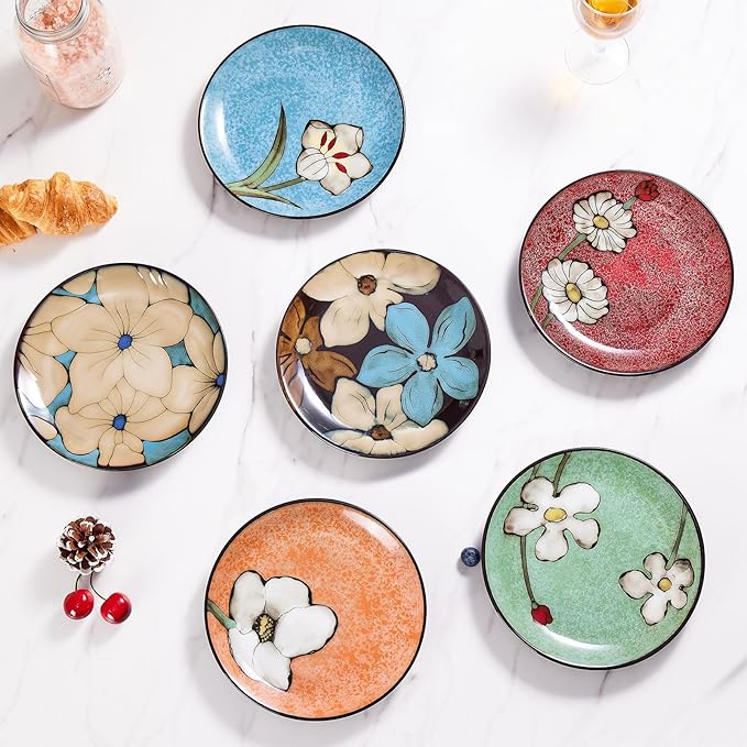 Ceramic Salad Plates Set,8 in - Plates Set of 6 - For Steak,Salad, Pasta,Appetizer, Serving Etc - Dishwasher, Microwave, and Oven Safe, Scratch Resistant, Smooth Glaze (Multicolor A, 8 Inch)