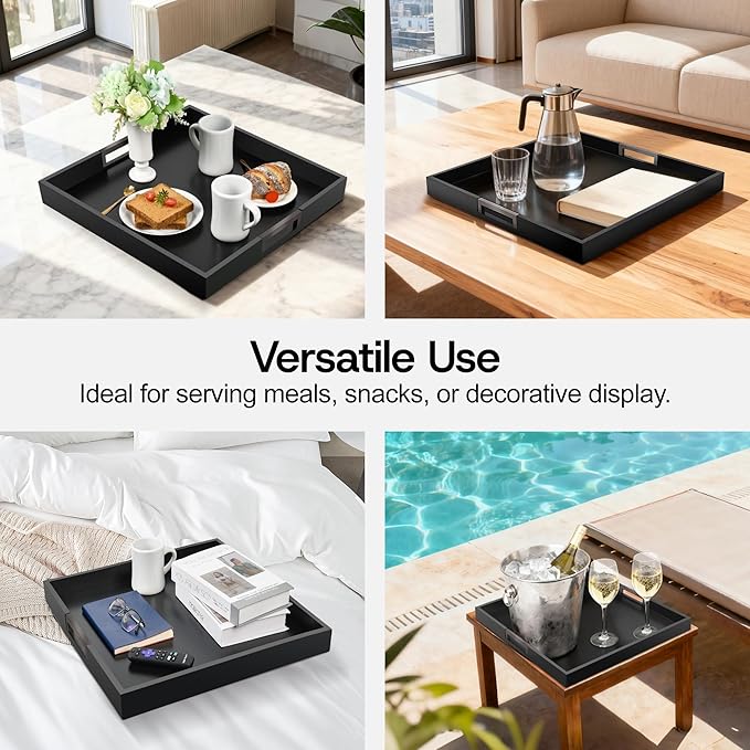 Joy&Grace Large Square Ottoman Tray for Living Room and Coffee Table 20 Inch Decorative Wooden Serving Tray with Handles for Breakfast in Bed, Dinner Food Kitchen TV (Black, 20" x 20" x 2")