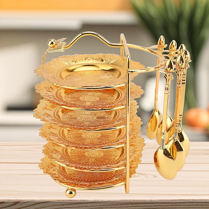 GLOGLOW European Style Food Plate, Zinc Alloy Serving Tray with Spoon for Steaks Pasta Fruits Snacks, Elegant Design for Parties and Gatherings (Gold)